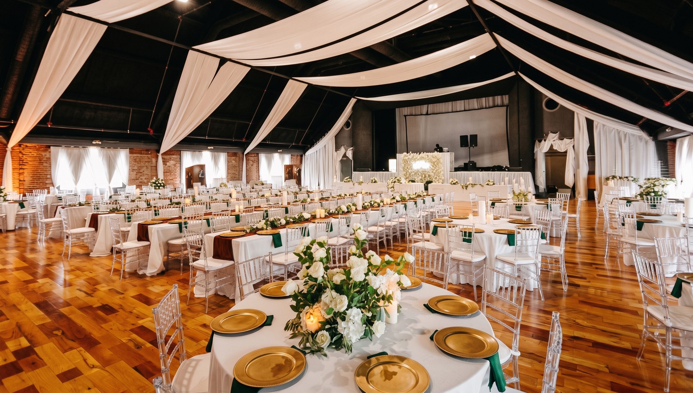 The Cadillac Showroom set for a dinner under a draped ceiling